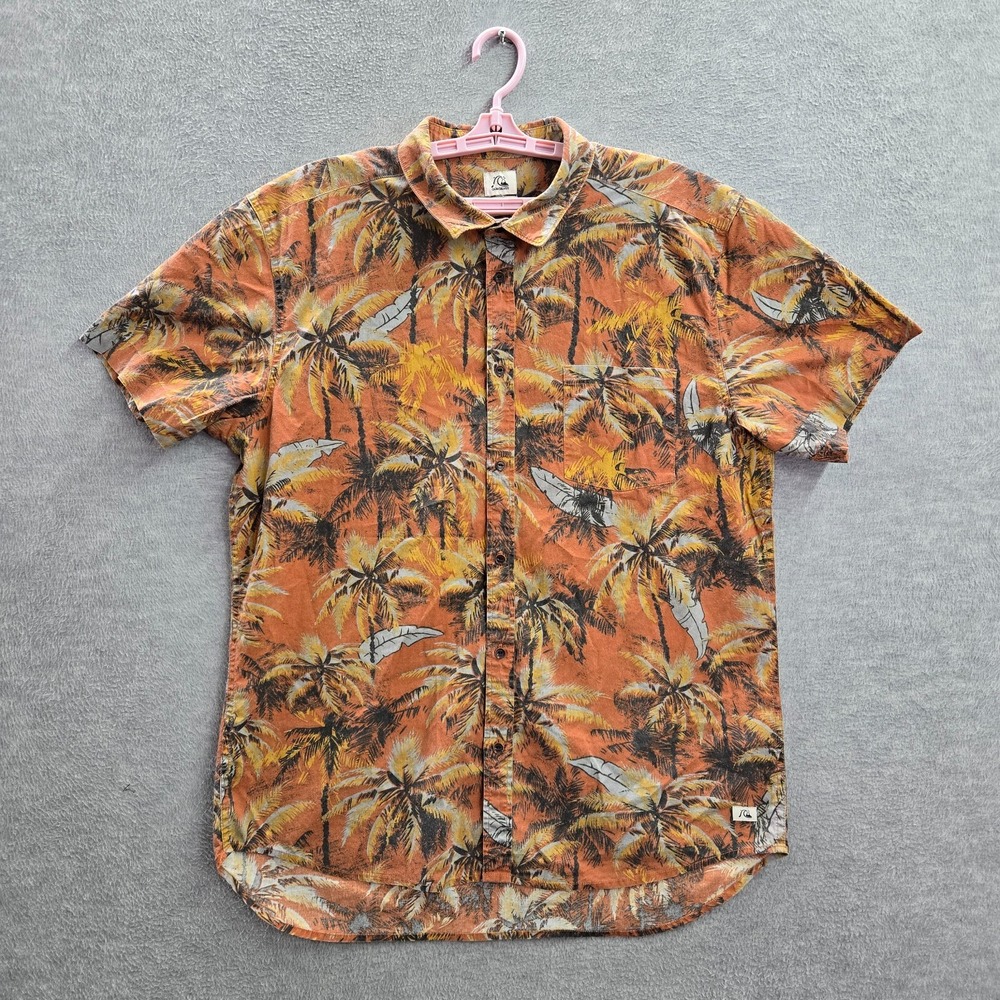 Quiksilver Men Button Up Shirt XL Orange Palm Trees Modern Hawaiian Short Sleeve